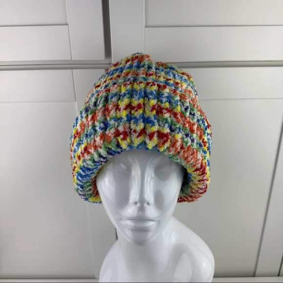 OOAK Handmade Women's OSFM Hand Knit Rainbow Beanie Winter Hat Cap Ribbed Cuffed - Picture 9 of 16